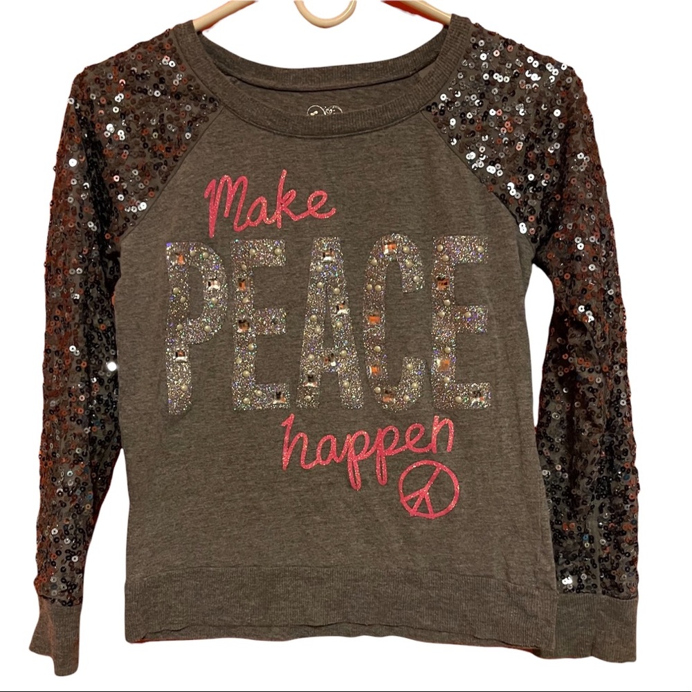 Girl Gray Sequin Make Peace Happen Long Sleeve Sz 12